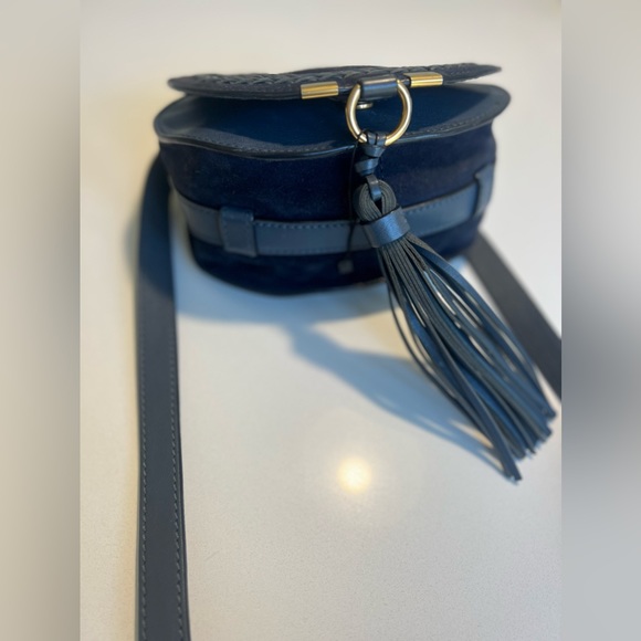 Chloe Marcie Crossbody Saddle Bag Midnight Blue Suede with tassel. - Picture 2 of 12